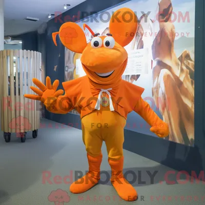 Productafbeelding van Mascottefiguur REDBROKOLY van een oranje kreeftenbisque gekleed met een overhemd met knopen en hoofdbanden
