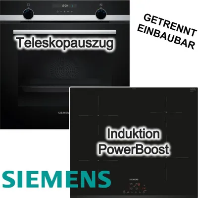 Produktbild von SIEMENS Herdset Backofen Teleskopauszug Hydrolyse EcoClean + Induktionskochfeld PowerBoost Restwärmeanzeige