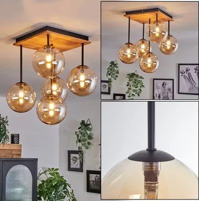 Produktbild von Isorella Deckenlampe aus Metall/Holz/Glas in Schwarz/Natur/Bernsteinfarben