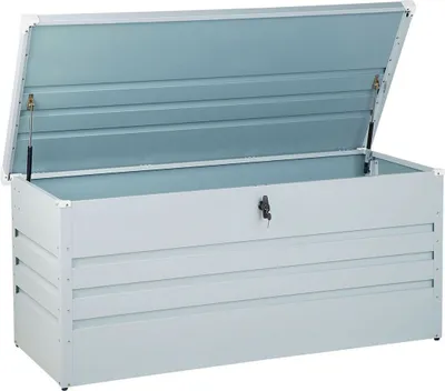 Produktbild von BELIANI Gartentruhe Hellgrau Metall 400 L 132 x 62 cm Wasserdicht Abschließbar mit Deckel Garten Aufbewahrungsbox Gartenbox Kissenbox Auflagenbox