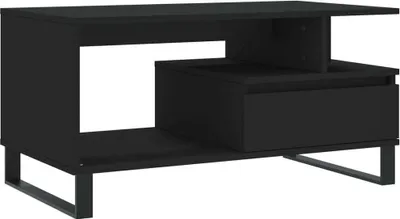 A black coffee table with a drawer and open shelving.
