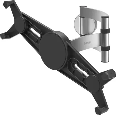 A black tablet holder attached to a silver wall mount.