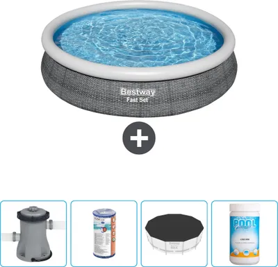 Zdjęcie produktu dla Okrągły nadmuchiwany basen Bestway - nadruk rattanowy - 366 x 76 cm - w tym pompa - filtr - pokrywa - chlor