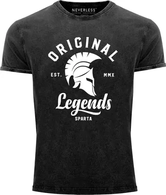 Produktbild von Neverless® Herren T-Shirt Vintage Shirt Printshirt Original Legends Gladiator Sparta Aufdruck Used Look Slim Fit schwarz S