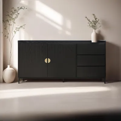 Immagine prodotto di Credenza con 2 ante e 3 cassetti in acciaio con decoro melaminico nero - Oviala Dakota