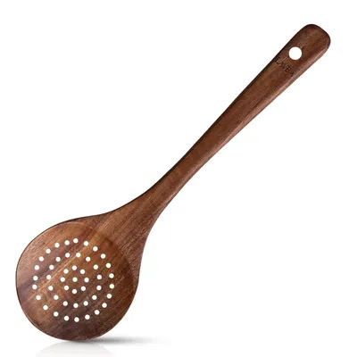 Immagine prodotto di LAYBA Cucchiaio scanalato in teak (28 cm) Cucchiaio scanalato in legno, resistente al calore e senza graffi, gadget da cucina sostenibile per scolare e servire, cucchiaio scanalato