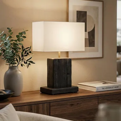 Produktbild von Tischlampe NANTU aus recyceltem Massivholz, Schwarz/Weiß - Tischleuchte mit rechteckigem Stoffschirm und Sockel aus Massivholz, skulpturales Design, ideal als Flurlampe oder Nachttischlampe