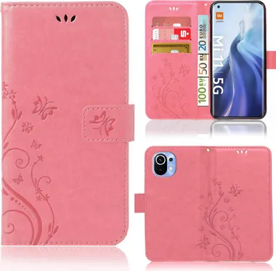 Produktbild von Handy Tasche für Xiaomi Mi 11 Schutz Hülle Handyhülle mit Blumenmuster Klapp Hülle mit Standfunktion und Kartenfächer Farbe: Rosa