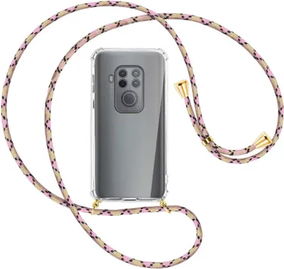 Produktbild von Handykette Backcover-Schutzhülle mit Band (Metall goldfarben) für Motorola One Zoom, One Pro - rosa Karo