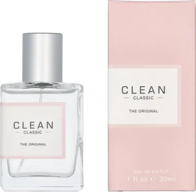A perfume bottle and its packaging are displayed against a white background.