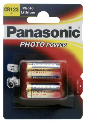 A retail package of Panasonic Photo Lithium CR123A batteries.
