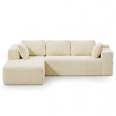Imagen del producto de Sofá de tres plazas BEALIFE, 250x136x40 cm, con revestimiento de cuerda y espuma de poliuretano frío. Forma en L, con chaise longue a la izquierda. Apto para 3-4 personas, incluye cojines y bolsillo lateral. Color crema, modelo AR35