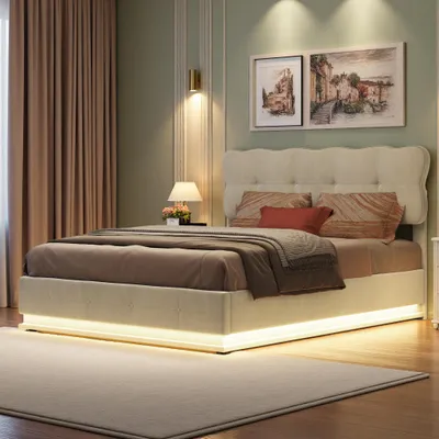 Obrázek produktu pro UnboxG čalouněná postel 160x200 cm s úložným prostorem a LED osvětlením, manželská postel sametová béžová s hydraulickým úložným prostorem a roštem, rám postele s 7 barvami LED podsvícení, dálkové ovládání