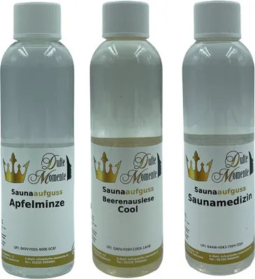 Produktbild von 3 x 250ml Saunaaufguss mit fruchtig-frischer Note: Apfelminze, Beerenauslese Cool (Beere, Menthol) und Saunamedizin (Kampfer, Zitrone)