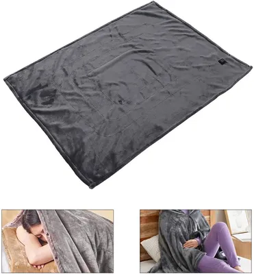 A collage of images showing a gray heated blanket, a person sleeping under it, and a person wearing it as a poncho.