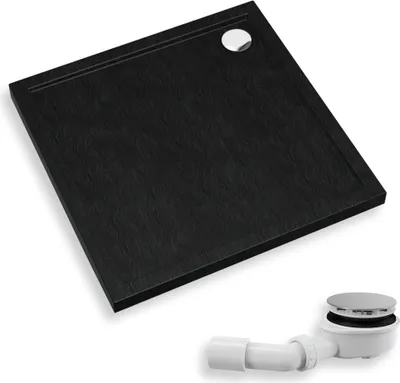 Productafbeelding van Douchebak, vierkant, 90x90x4,5 cm, sanitair acryl, douchebak met steenlook, zwart | Afvoerkit Ø90 inbegrepen | Antislip douchebak | BADLAND CASPAR NEW