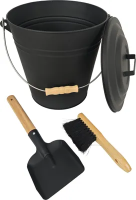 Immagine prodotto di Relaxdays Contenitore per la cenere con coperchio, 15 litri, con scopa per la cenere e paletta per il camino incluse, contenitore per la cenere con manico, nero/naturale