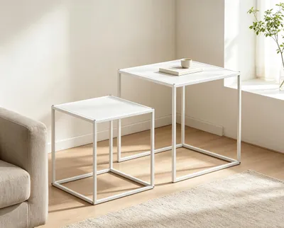 Produktbild von Quadratisch Couchtisch 2er Set,Stapelbar Satztisch,Beistelltisch Set,Metallgestell Holzoptik Moderne Wohnzimmertisch für Wohnzimmer,Balkon 40cm+35cm