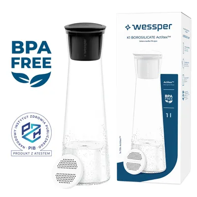 Immagine prodotto di Wessper K1 BOROSILICATE Actitex™ Caraffa filtrante in vetro 1L – Caraffa in vetro borosilicato per acqua, succhi e bevande