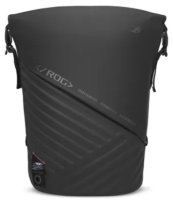 A black backpack with diagonal lines and ROG branding.