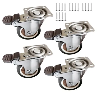 Productafbeelding van Relaxdays Zwenkwielen, set van 4, 50 mm, 140 kg draagvermogen, met rem, rubber, stalen plaat, transportwielen, meubelwielen, bruin/zilver