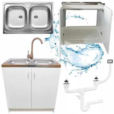 A collage of kitchen sink components and a cabinet, with water splashes.