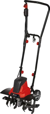 A red and black electric tiller on a white background.