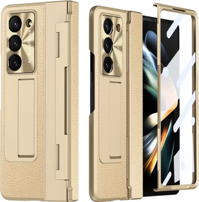 Produktbild von Hülle für Samsung Galaxy Z Fold 6 mit Displayschutz & Objektivschutz Litschi Ständer Schutzhülle Gold