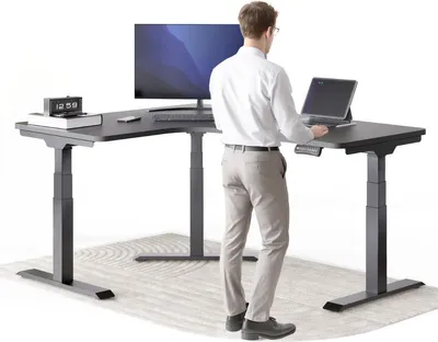 Produktbild von DESKSPACE CORNER Schreibtisch, Elektrisch höhenverstellbar, 160 x 130 x 70 cm, Schwarzes Tischplatte, Schwarzes Gestell