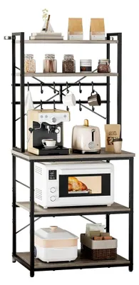 Produktbild von Küchenregal Bäckerregal (600 x 400 x 1618 mm) mit X-förmiger Stütze, 12 S-förmigen Haken und doppelter Ablagefläche, Mikrowellenregal für Geschirr, Schüsseln und Gewürzflaschen aus Metall