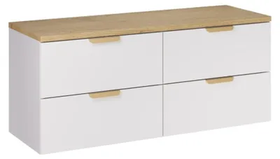 Image de Ensemble de salle de bain suspendu OSTER 120cm : meubles sous vasque à tiroirs blanc + plan pour vasque aspect chêne clair