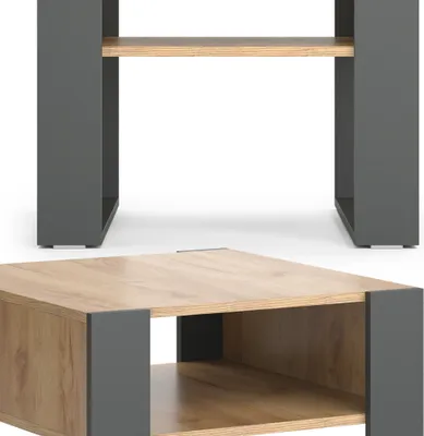 A close-up, studio shot of a modern coffee table with two shelves, featuring a dark gray frame and a wood-grain finish on the shelves and sides.