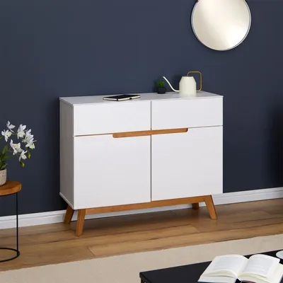 Produktbild von Kommode TIBOR Anrichte im nordischen Design, Sideboard im skandinavischen Stil mit 2 Türen und 2 Schubladen, Kiefer massiv, weiß lackiert