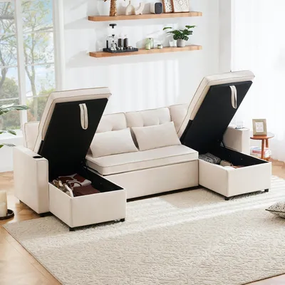 Produktbild von STILVORA Schlafsofa mit Getränkehalter und Stauraum,Ecksofa ausziehbar mit Schlaffunktion,Polstersofa aus Baumwoll-und Leinenstoffe für Familien,Beige