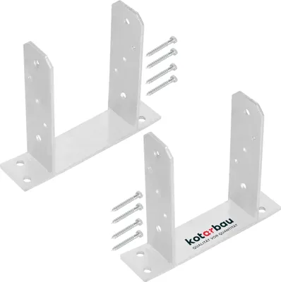 Two white metal post brackets with screws on a white background.