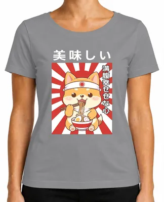 Zdjęcie produktu dla T-shirt damski, kolor szary, rozmiar S. Nadruk: "Oishii Shiba Inu Ramen" (Japoński, słodki motyw: pies rasy Shiba Inu, ramen, anime, otaku)