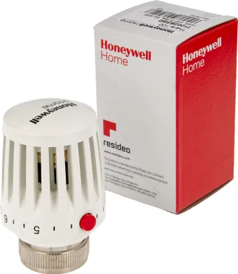 A Honeywell Home thermostat head and its packaging are shown against a white background.
