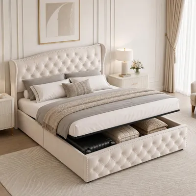 Immagine prodotto di Letto imbottito INONEFT, 140x190 cm, con struttura a molle, contenitore, sistema di sollevamento idraulico, letto per ragazzi, letto matrimoniale con rete a doghe, color beige