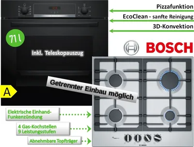 A collage showing a Bosch oven and a Bosch gas cooktop with feature callouts.