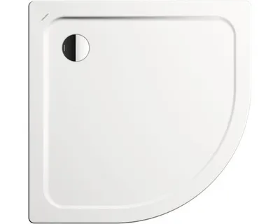 A top-down view of a white, quarter-round shower tray with a drain cover.