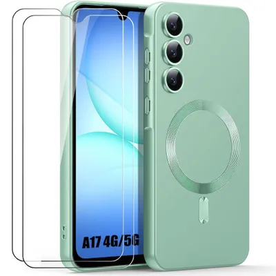 Image de Coque + 2 Verres Trempés pour Samsung Galaxy A17 5G/4G, Silicone Liquide Slim avec Anneau Magnétique Intégré Vert