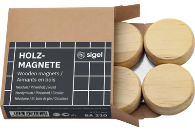 Produktbild von SIGEL BA210 Holz-Magnete - rund - bis zu 14 Bl. (A4, 80g/m²) - ? 33 mm - beige - 4 Stück