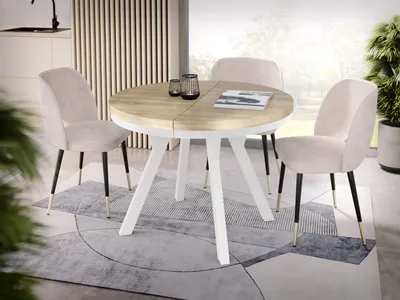 Produktbild von Designer Runder Ausziehbarer Esstisch - Loft-Stil, Industriell, Platzsparend - Weiße Beine - 100 bis 150 cm - für 5-8 Personen - Hergestellt in EU - Sonoma Eiche - 150 cm