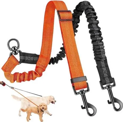 Image de Laisse double pour 2 chiens, réglable et réfléchissante, sans fil, avec une rotation à 360 degrés et une absorption des chocs, idéale pour les petits, les chiens de taille moyenne et les grands chiens