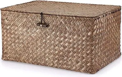 Obrázek produktu pro Úložný koš z mořské trávy s víkem - úložný box na stůl a do koupelny, police, dekorativní koš - multifunkční úložný koš - kávově hnědý, velký