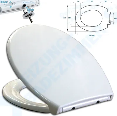A white toilet seat with a diagram showing its dimensions.