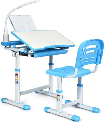 Produktbild von höhenverstellbarer Kinderschreibtisch mit Lampe & Bücherständer, Schülerschreibtisch Jugendschreibtisch neigungsverstellbar, Schreibtisch Set für Kinder mit Stuhl und Schublade (Blau)