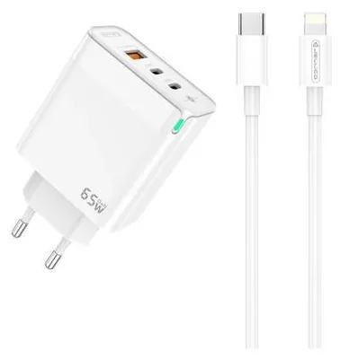 Produktbild von 65W USB-C Schnellladegerät PD mit 3-Ports Kompaktes Netzteil Universal mit Kabel – Typ-C Lightning 2 Meter