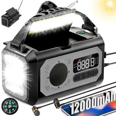 Zdjęcie produktu dla Radio awaryjne Unyqoos® i powerbank 12000 mAh – 2 panele słoneczne, ładowanie słoneczne i korbką, ładowanie urządzeń mobilnych przez USB-C, odbiór AM/FM, alarm SOS, latarka, przenośne