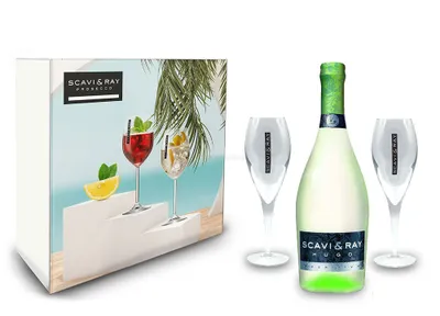 Produktbild von Scavi & Ray Giftbox Geschenkset - Scavi & Ray Hugo Aperitivo 0,75l (6% Vol) + 2x Flöten (10cl) -[Enthält Sulfite]